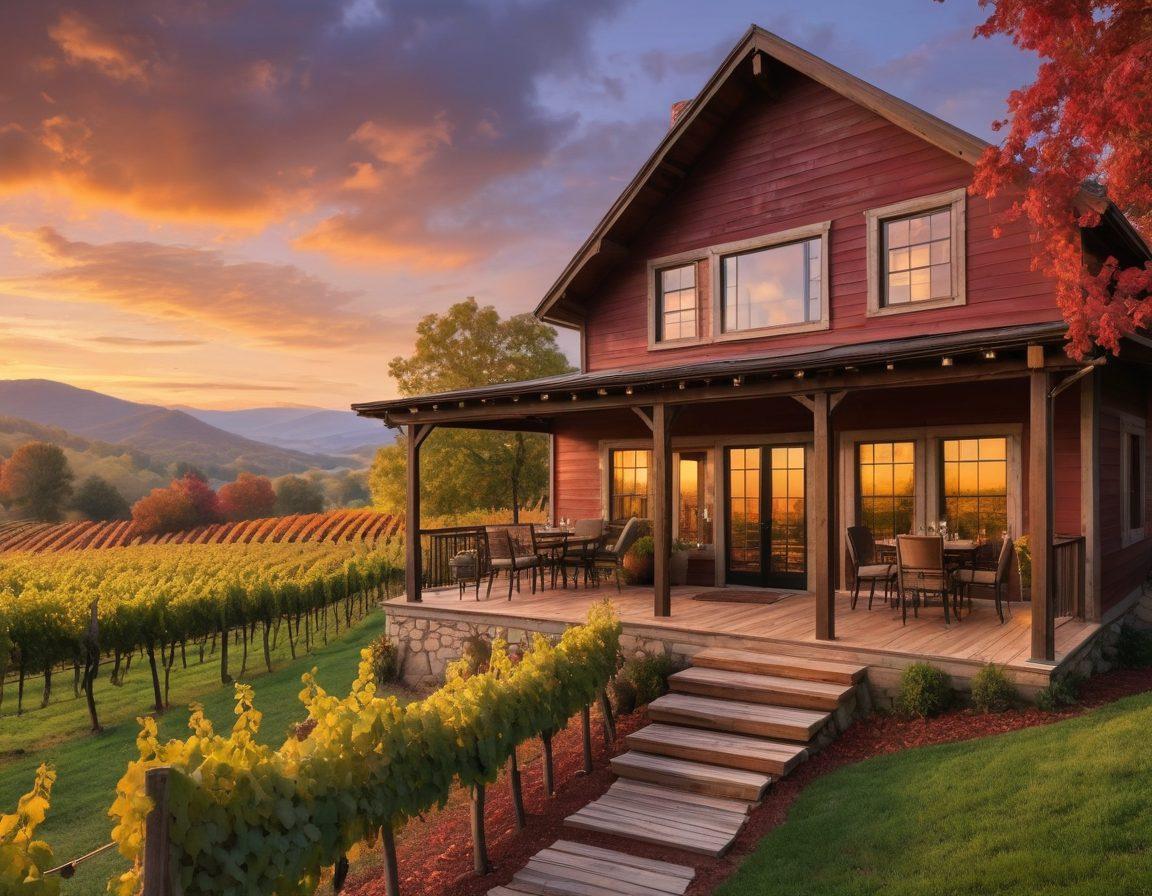 A scenic vineyard in Georgia during sunset, with rows of lush grapes and a rustic luxury rental cabin in the foreground. A couple enjoys a glass of red wine on a wooden terrace, surrounded by vibrant autumn foliage. A backdrop of rolling hills and a soft, glowing sky creates an inviting atmosphere. The scene embodies relaxation and indulgence. super-realistic. vibrant colors. soft lighting.