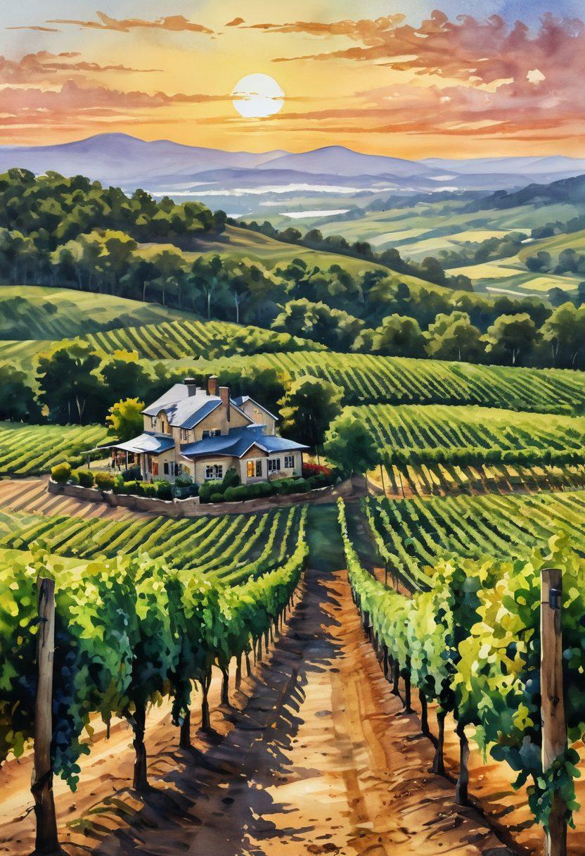 A serene vineyard landscape in Georgia, with lush grapevines stretching across rolling hills under a golden sunset. Include cozy condos with rustic charm nestled amidst the vines, and guests enjoying wine tastings on a terrace. Captivating watercolor style, showcasing warm, inviting colors and soft textures.