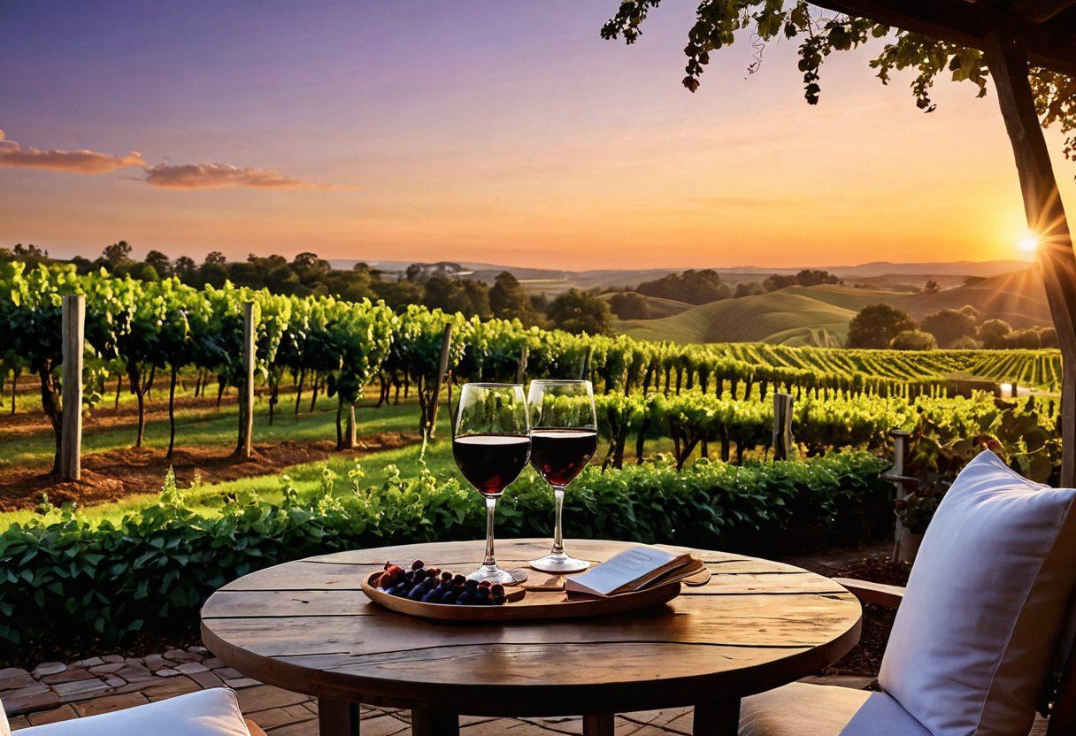 A serene vineyard landscape in Georgia featuring lush grapevines, a cozy outdoor seating area with elegant wine glasses and a bottle of red wine on a wooden table. In the background, charming upscale accommodations with warm lighting and a soft sunset sky. The scene should evoke peace and elegance, inviting viewers to unwind and enjoy the beauty of wine culture. super-realistic. vibrant colors. soft lighting.